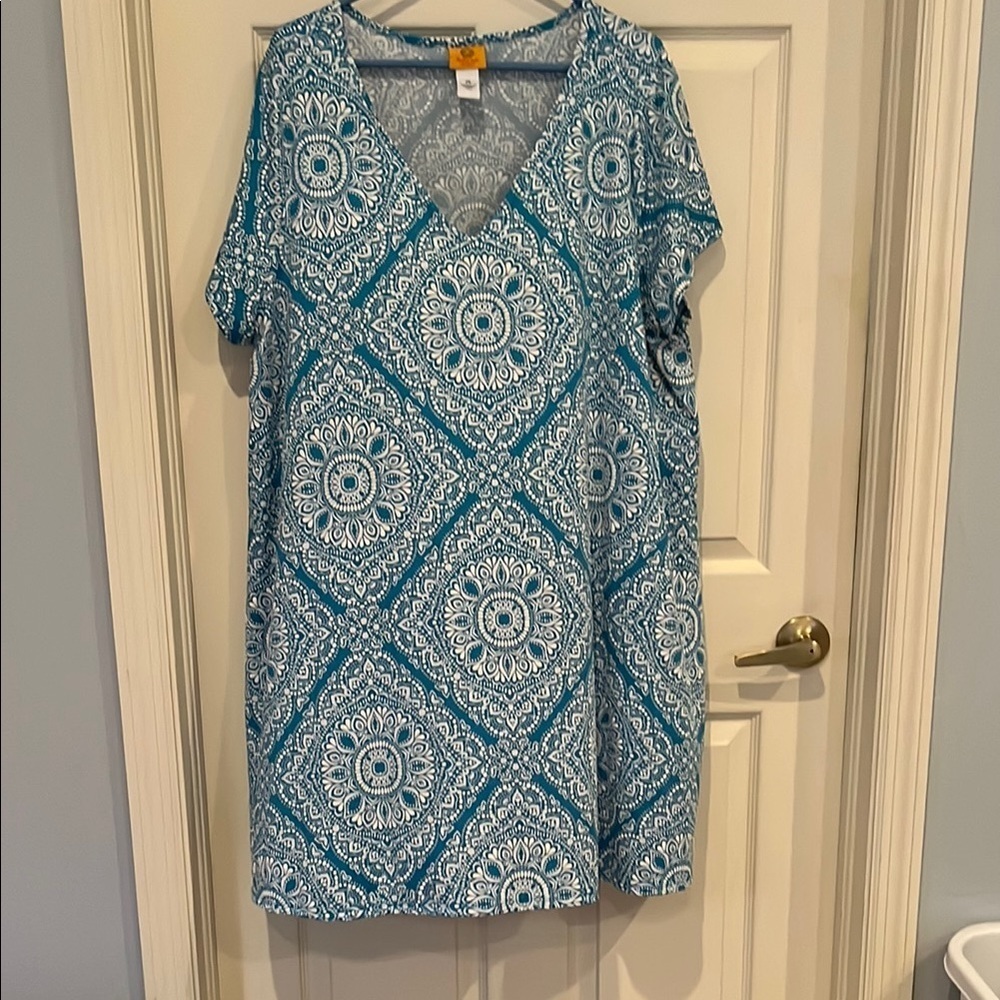 # Ruby Rd. 2X Turquoise and White Patterned Dress